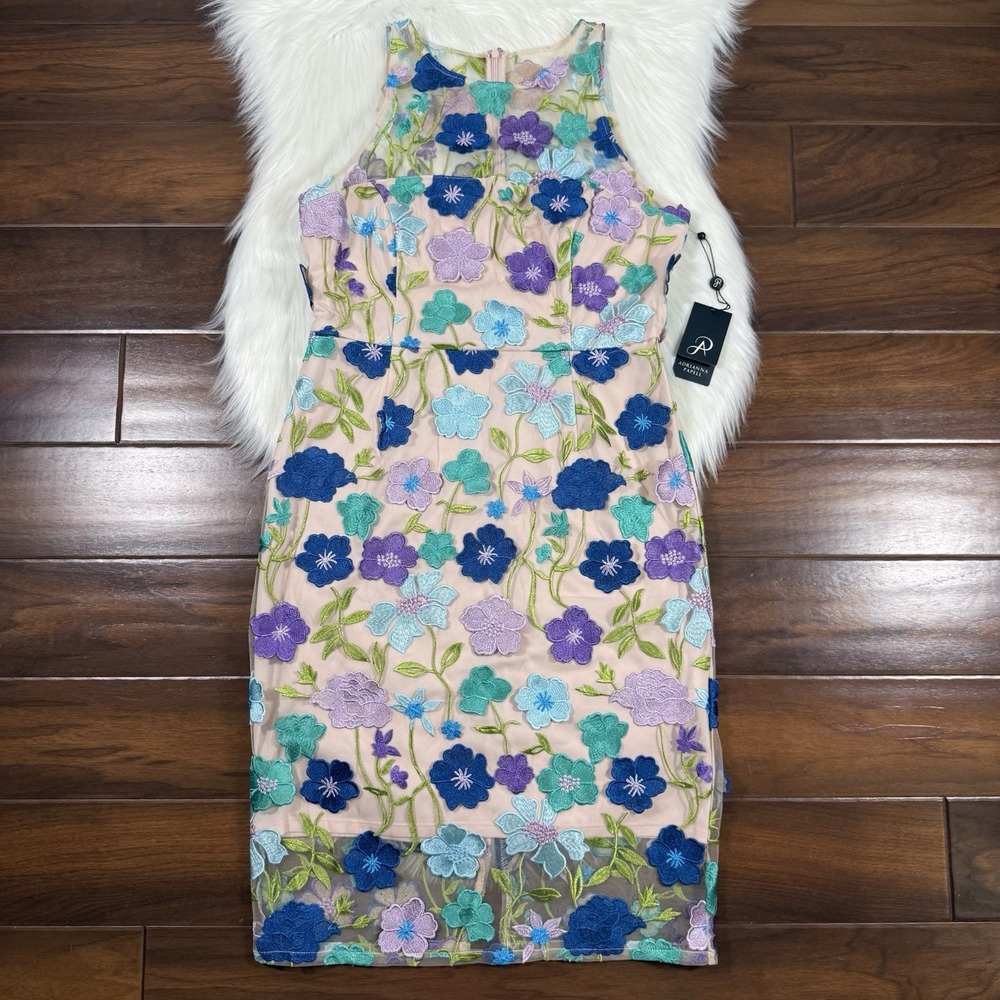 Adrianna Papell Women's Size‎ 10 Floral Embroidered Column Mesh Midi Dress